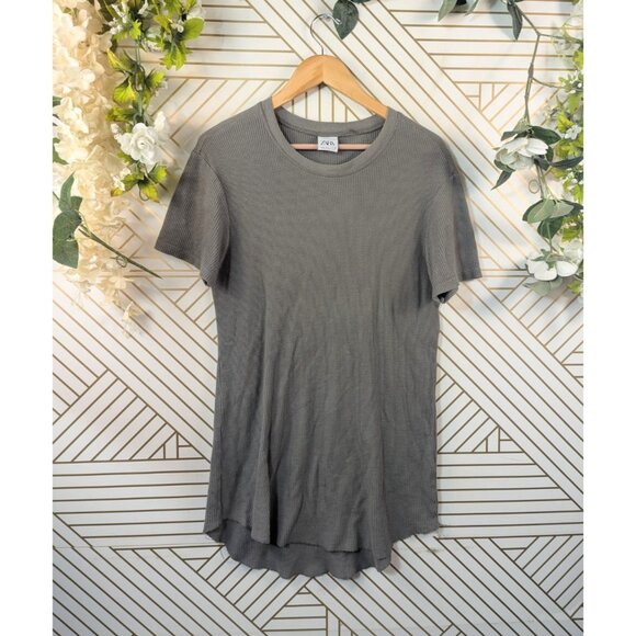 Zara Short Sleeve Tee Dress Waffle Knit Khaki Green Casual Grunge Comfy Sz Small - Picture 1 of 8